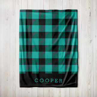 Teal and Black Buffalo Check Monogram Fleece Blanket
