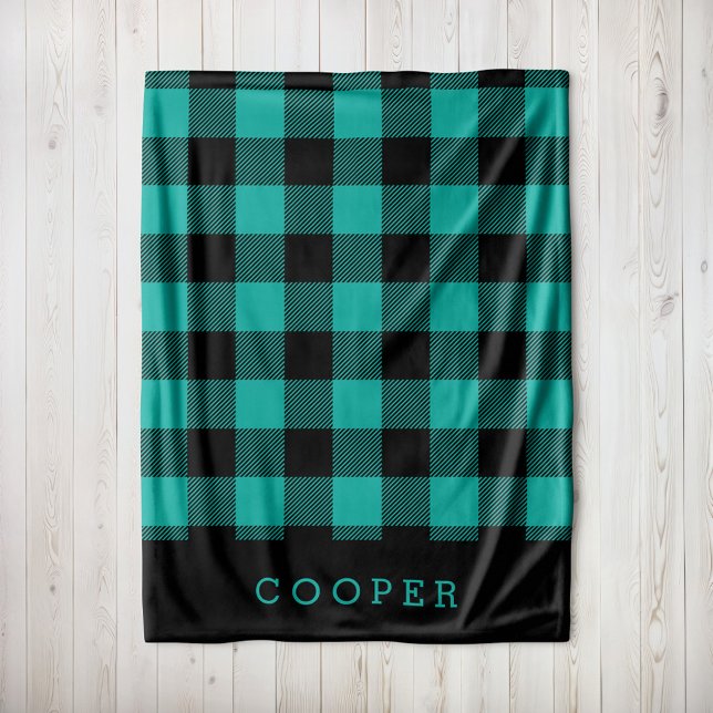 Teal and Black Buffalo Check Monogram Fleece Blanket (Creator Uploaded)