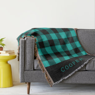 Teal and Black Buffalo Check Monogram Throw Blanket