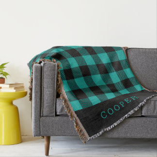 Teal and Black Buffalo Check Monogram Throw Blanket