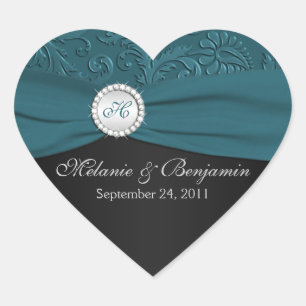 Teal and Black Damask Heart Shaped Sticker