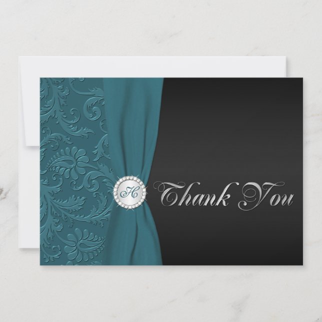 Teal and Black Damask Monogrammed Thank You Card (Front)