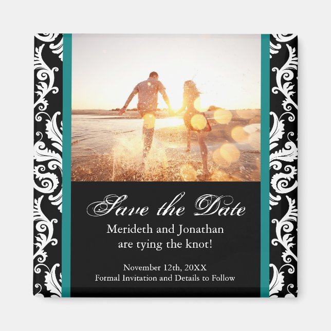 Teal and Black Damask Save the Date Magnet (Front)