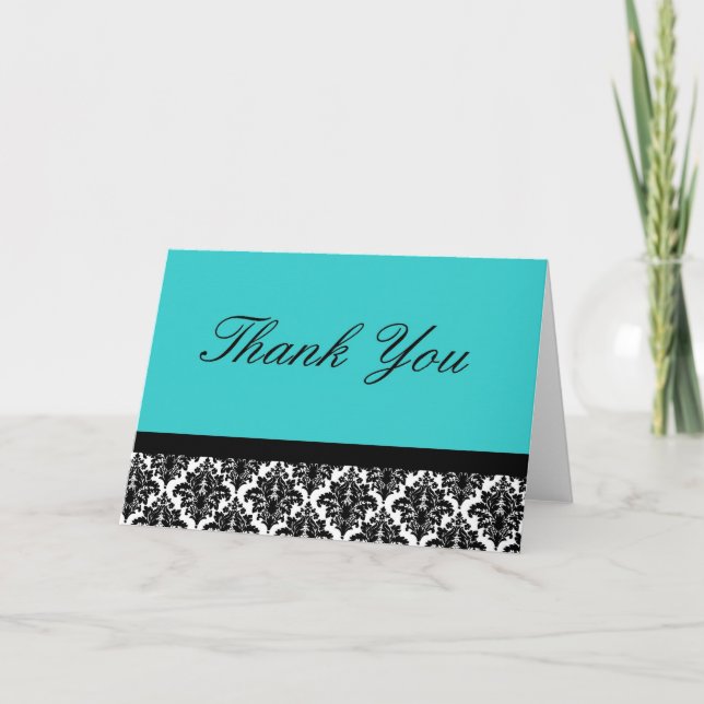 Teal and black damask thank you card (Front)