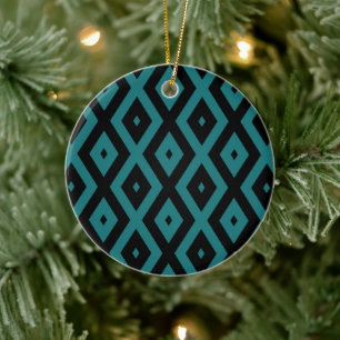 Teal and black diamond pattern ceramic tree decoration