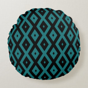 Teal and black diamond pattern round cushion