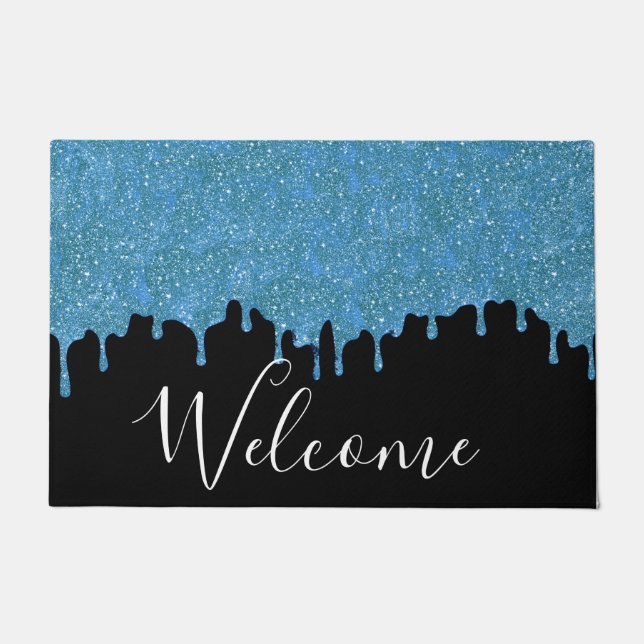 Teal and Black Glitter Drips Welcome Door Mat (Front)