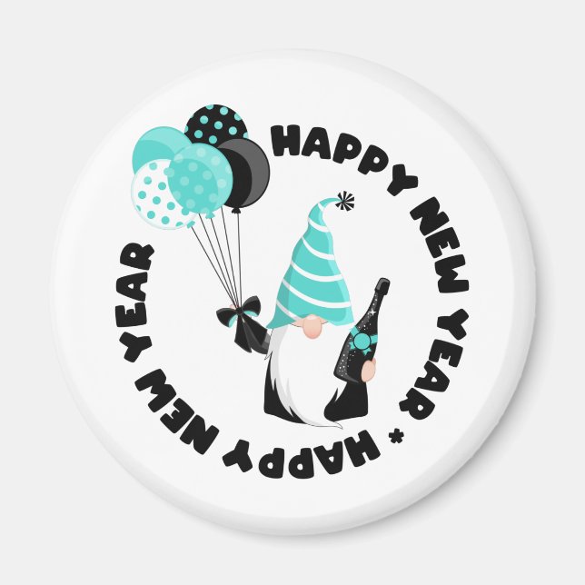 Teal and Black Gnome Celebrating New Year Magnet (Front)