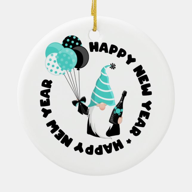 Teal and Black Gnome New Year Family Photo Ceramic Tree Decoration (Back)