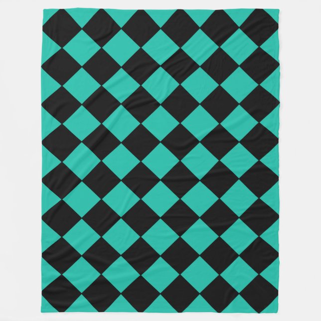 Teal and Black Harlequin Diamond Checked Pattern Fleece Blanket (Front)