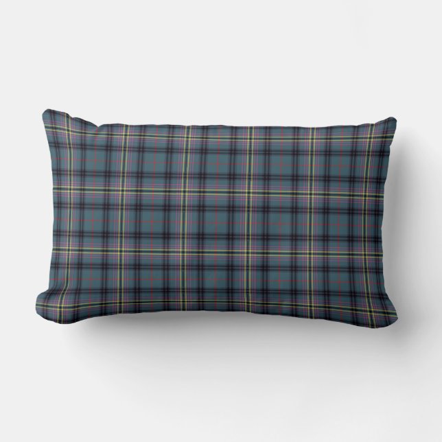 Teal and Black Kennedy Clan Ancient Scottish Plaid Lumbar Cushion (Front)