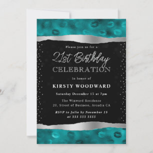 Teal and Black Lipstick Prints  21st Birthday Invitation