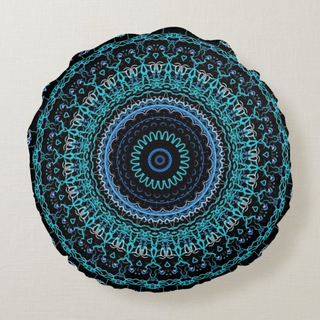 Teal and Black Mandala Round Cushion (Back)