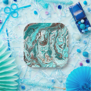 Teal and Black Marble Fluid Art Paper Plate