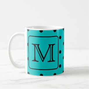 Teal and Black Polka Dot Pattern. Custom Monogram. Coffee Mug