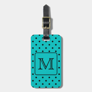 Teal and Black Polka Dot Pattern. Custom Monogram. Luggage Tag