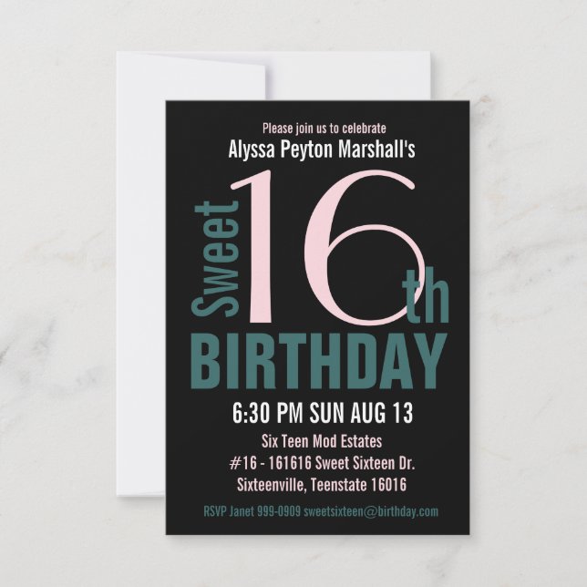 Teal and Black Sweet 16th Party Invitation (Front)