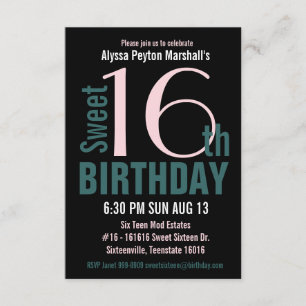 Teal and Black Sweet 16th Party Invitation