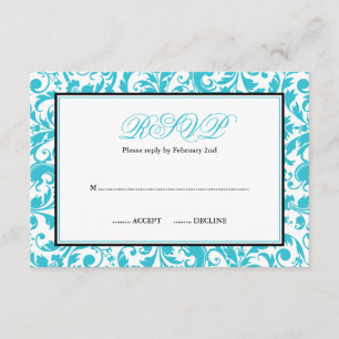 Teal and Black Swirl Damask Bat Mitzvah RSVP Card