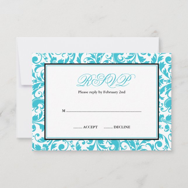 Teal and Black Swirl Damask Bat Mitzvah RSVP Card (Front)