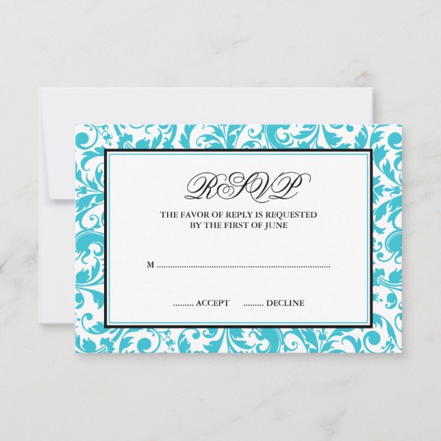 Teal and Black Swirl Damask Response Card (Front)