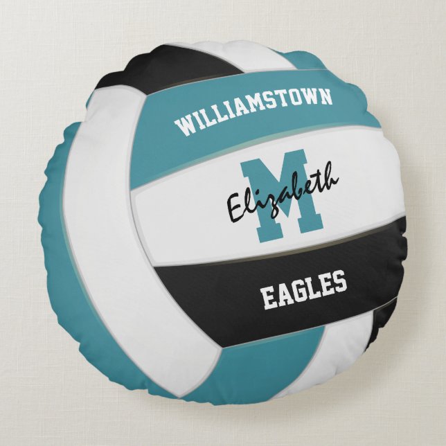 teal and black team colours girls boys volleyball round cushion (Front)
