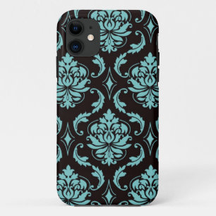 Teal and Black Vintage Damask Pattern iPhone 11 Case