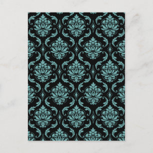 Teal and Black Vintage Damask Pattern Postcard