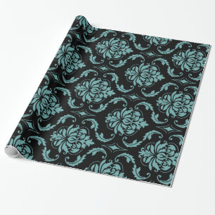 Teal and Black Vintage Damask Pattern Wrapping Paper