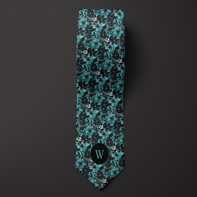 Teal and Black Watercolor Floral Monogram Tie (Creator Uploaded)