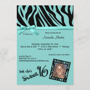 Teal And Black Zebra Stripes Sweet 16 Party Invite