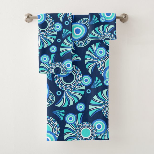 Teal and blue abstract tribal pattern bath towel set (Insitu)
