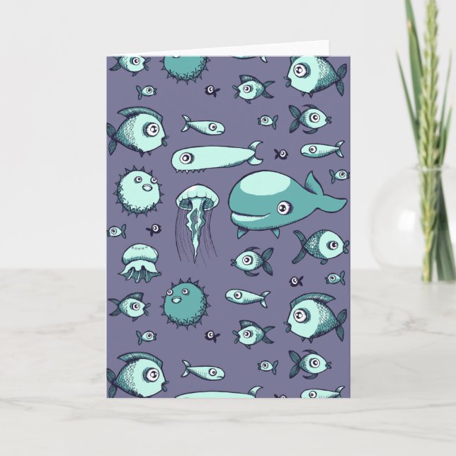 Teal and Blue Fish Drawing Blank Greeting Card (Front)