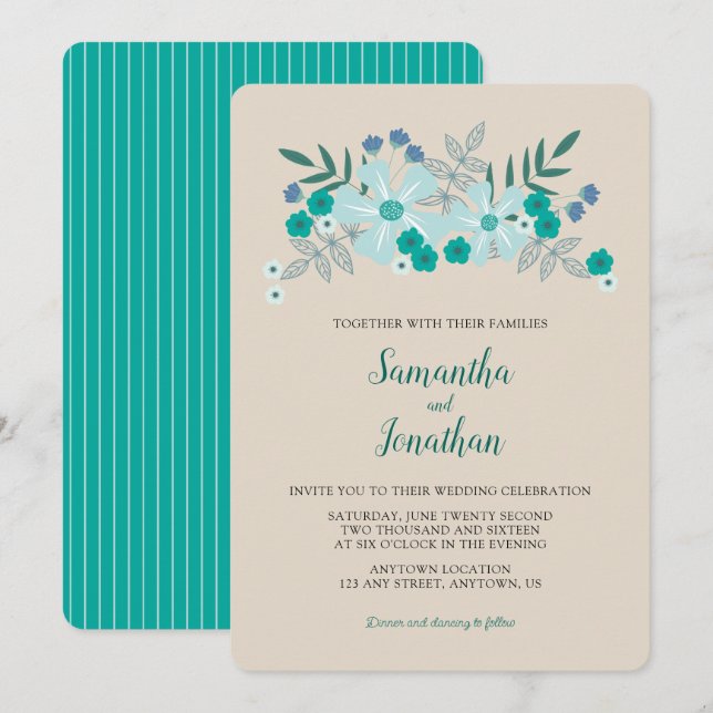 Teal and Blue Flowers Simple Wedding Invitation (Front/Back)