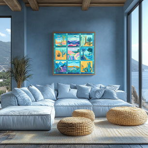 Teal and Blue Framed Desert Art Grid – Colourful Poster