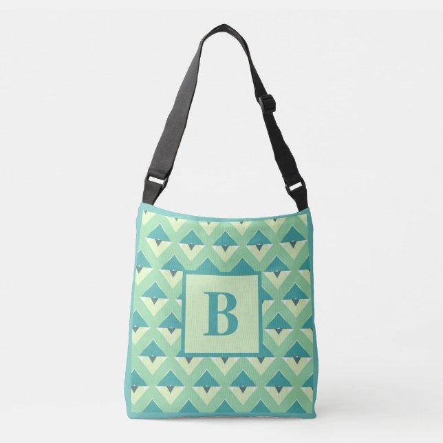 Teal and Blue Geometric Pattern Monogram Crossbody Bag (Front)