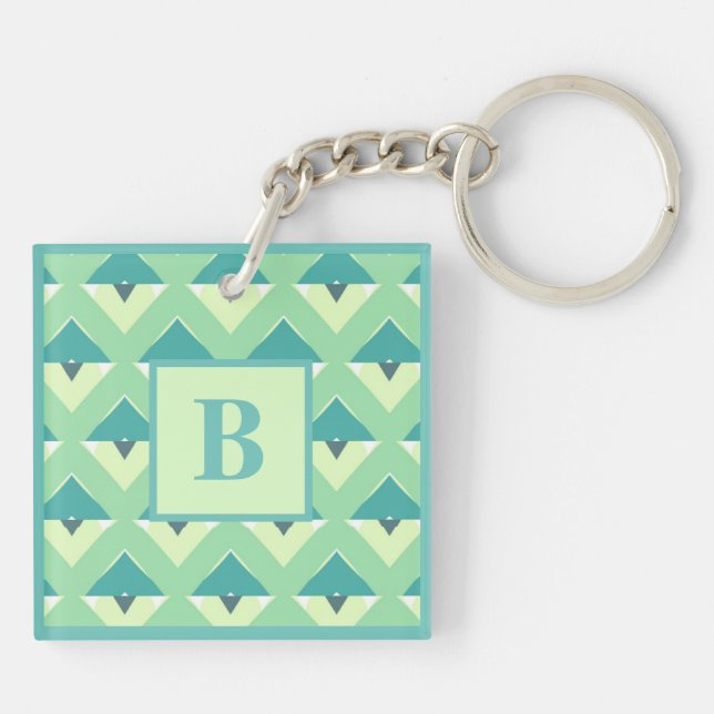 Teal and Blue Geometric Pattern Monogram Key Ring (Back)