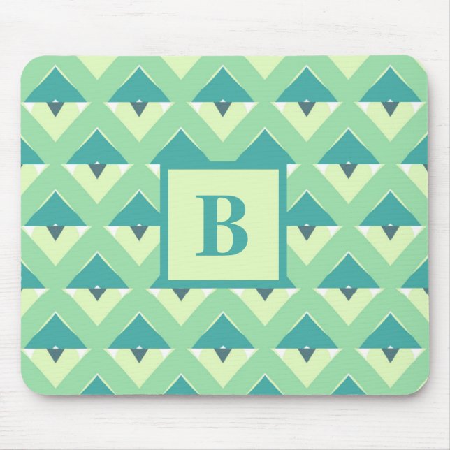 Teal and Blue Geometric Pattern Monogram Mouse Pad (Front)