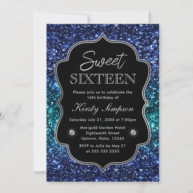 Teal and Blue Ocean Glamour Glitter Sweet 16 Invitation (Front)