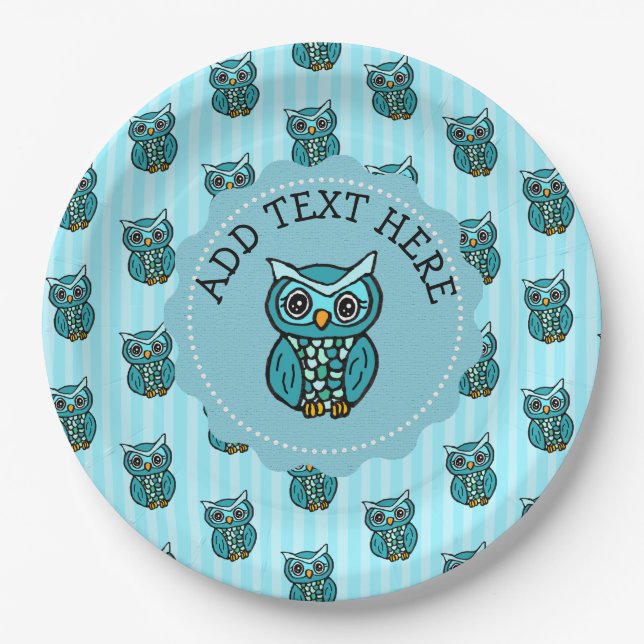 Teal and Blue Owl Paper Plate (Front)