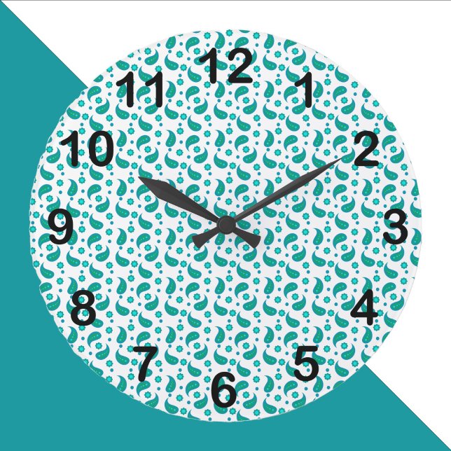 Teal and Blue Paisley Floral Pattern Black Numbers Large Clock (A clock with a pretty paisley pattern with black numbers.)