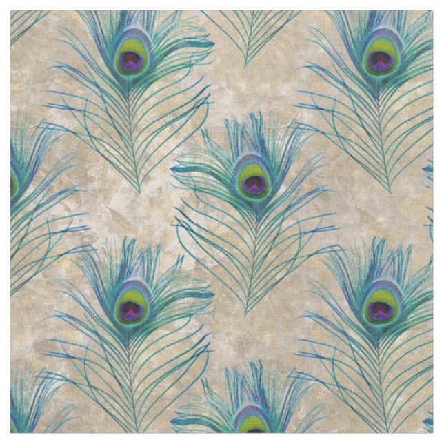 Teal and Blue Peacock Feathers on Cream Fabric (Close Up)