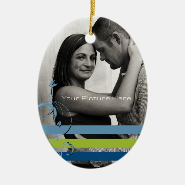 Teal and Blue Photo Engagement Ceramic Tree Decoration (Front)