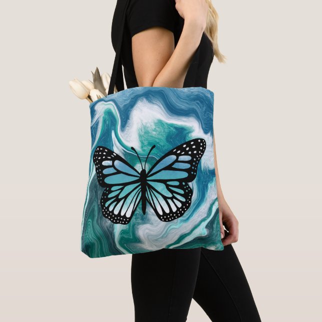 Teal and Blue Turquoise Marble Butterfly Tote Bag (Close Up)