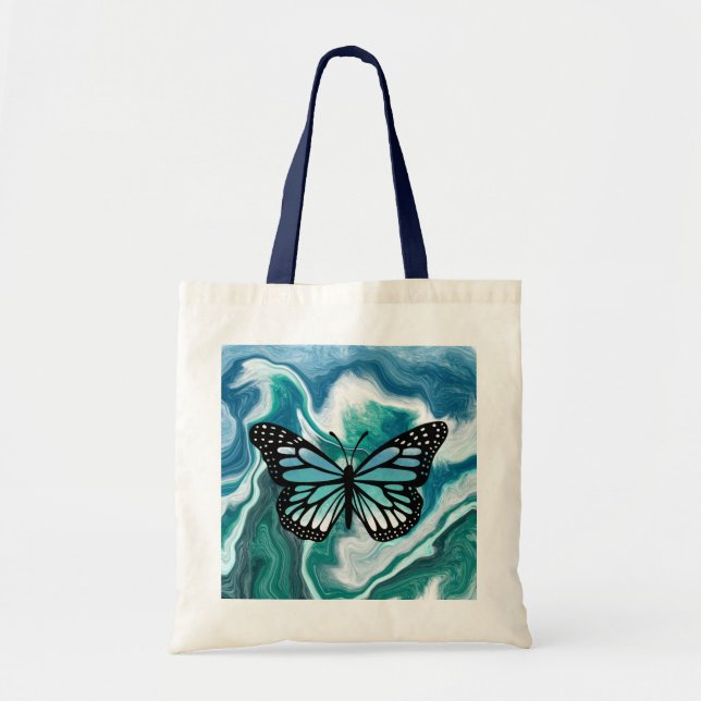 Teal and Blue Turquoise Marble Butterfly Tote Bag (Front)