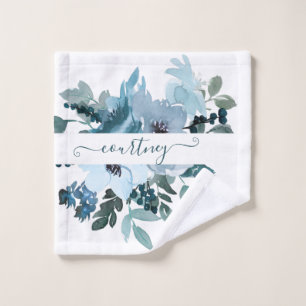 Teal and blue watercolor floral personalised   bath towel set