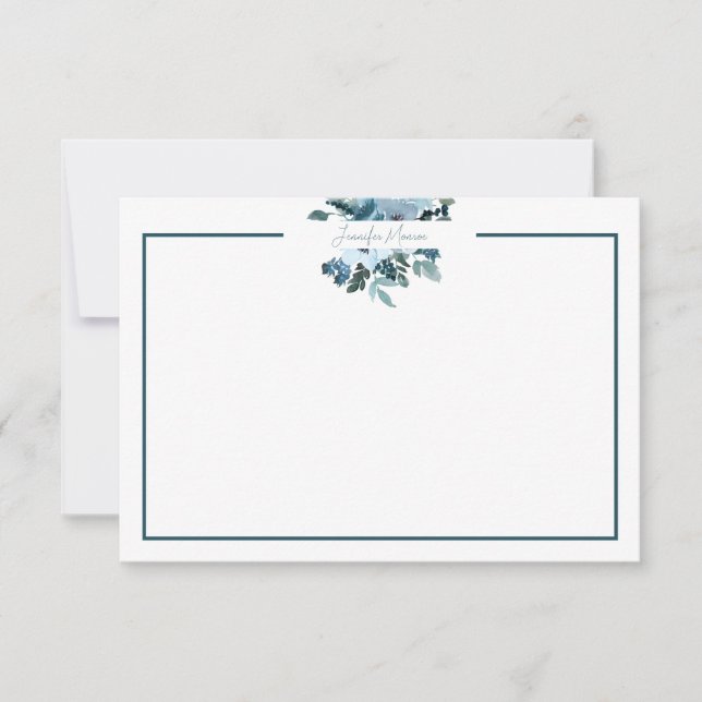 Teal and blue watercolor floral personalised   card (Front)