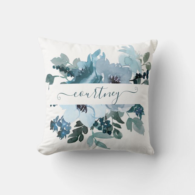 Teal and blue watercolor floral personalised  cushion (Front)
