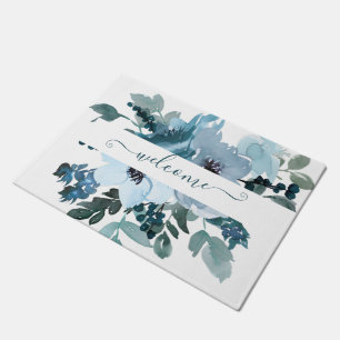 Teal and blue watercolor floral personalised doormat