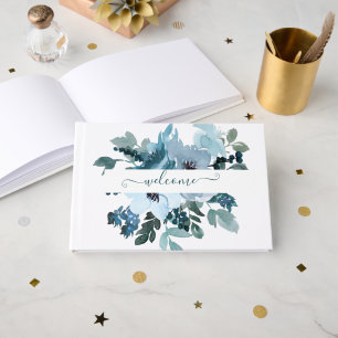 Teal and blue watercolor floral personalised guest book